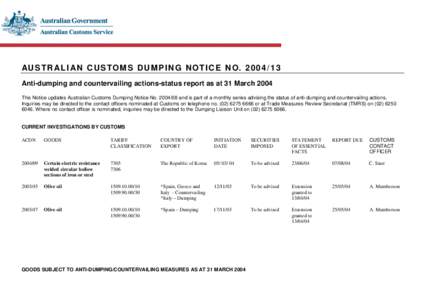 Australian Customs Dumping Notice[removed]