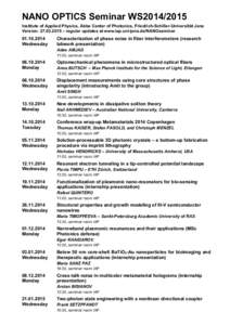 NANO OPTICS Seminar WS2014/2015 Institute of Applied Physics, Abbe Center of Photonics, Friedrich-Schiller-Universität Jena Version:  – regular updates at www.iap.uni-jena.de/NANOseminarWednesday