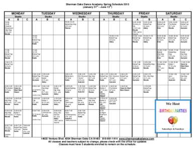 Sherman Oaks Dance Academy Spring Schedule 2015 st th (January 31 – JuneMONDAY