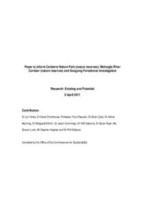Paper to inform Canberra Nature Park (nature reserves); Molonglo River Corridor (nature reserves) and Googong Foreshores Investigation Research: Existing and Potential 8 April 2011