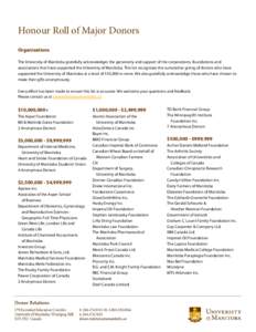 Honour Roll of Major Donors Organizations The University of Manitoba gratefully acknowledges the generosity and support of the corporations, foundations and associations that have supported the University of Manitoba. Th