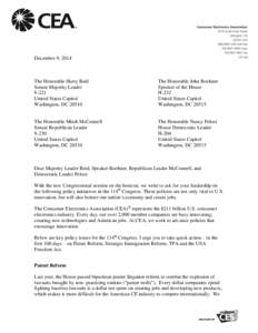 December 9, 2014  The Honorable Harry Reid Senate Majority Leader S-221 United States Capitol