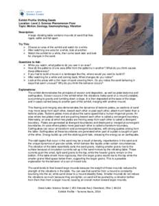 Exhibit Profile: Shifting Sands Location: Level 2, Science Phenomenon Floor Topic: Motion, Geology, Geomorphology, Vibration Description: A large vibrating table contains mounds of sand that flow, ripple, settle and fall