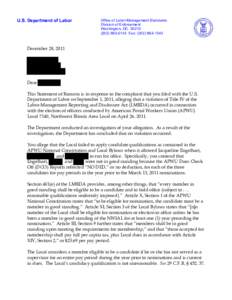 U.S. Department of Labor  Office of Labor-Management Standards Division of Enforcement Washington, DC[removed]0143 Fax: ([removed]