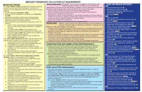 MANUFACTURERS  MERCURY THERMOSTAT COLLECTION ACT REQUIREMENTS WHOLESALERS “Wholesaler” means a person engaged in the distribution and  On or before March 1, 2009, a manufacturer (or group) are required