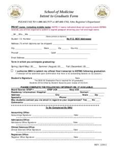 School of Medicine Intent to Graduate Form PLEASE FAX TO[removed]or[removed], Attn: Registrar’s Department PRINT name, including middle name: NOTE: If name indicated does not exactly match ECFMG records, you