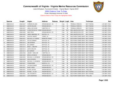 Commonwealth of Virginia - Virginia Marine Resources Commission Lewis Gillingham, Tournament Director - Virginia Beach, Virginia[removed]Citations Year To Date Printed: Wednesday November[removed]Citations Enterd in P