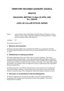 Territory Records Advisory Council Minutes Inaugural Meeting 29 April 2003