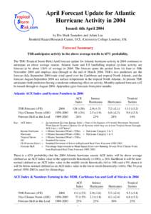 April Forecast Update for Atlantic Hurricane Activity in 2004 Issued: 6th April 2004 by Drs Mark Saunders and Adam Lea Benfield Hazard Research Centre, UCL (University College London), UK