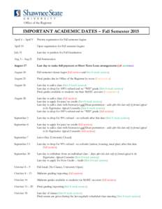 Office of the Registrar  IMPORTANT ACADEMIC DATES – Fall Semester 2015 April 6 – April 9  Priority registration for Fall semester begins
