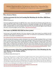 Mars Science News  August 2015 3rd Announcement for the 2nd Landing Site Workshop for the Mars 2020 Rover August 4-6, 2015