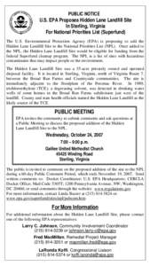 Public Notice - U.S. EPA Proposes Hidden Lane Landfill Site In Sterling, Virginia For National Priorities List (Superfund)