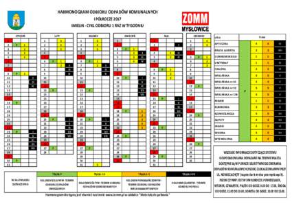 HARMONOGRAM ODBIORU ODPADÓW KOMUNALNYCH I PÓŁROCZE 2017 IMIELIN - CYKL ODBIORU 1 RAZ W TYGODNIU STYCZEŃ 1 2