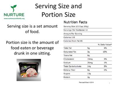 Serving Size and Portion Size Serving size is a set amount of food. Portion size is the amount of food eaten or beverage