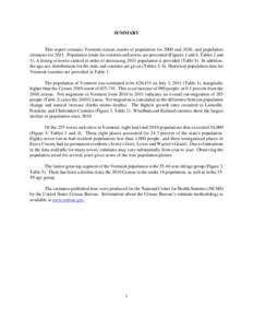 SUMMARY  This report contains Vermont census counts of population for 2000 and 2010, and population estimates for[removed]Population totals for counties and towns are presented (Figures 1 and 4, Tables 2 and 3). A listing 