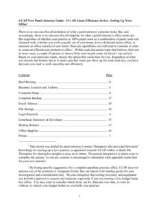 CCAP New Panel Attorney Guide - It’s All About Efficiency Series: Setting Up Your Office1 There is no one-size-fits-all definition of what a panel attorney’s practice looks like, and accordingly, there is no one-size