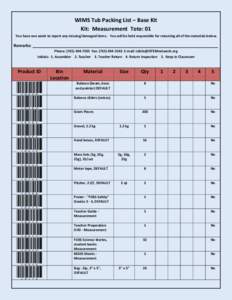 WIMS Tub Packing List – Base Kit Kit: Measurement Tote: 01 You have one week to report any missing/damaged items. You will be held responsible for returning all of the materials below. Remarks: ________________________