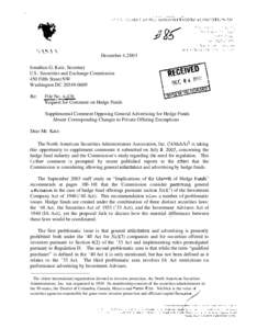 December 4,2003 Jonathan G. Katz, Secretary U S . Securities and Exchange Commission 450 Fifth Street NW Washington DC[removed]Re: