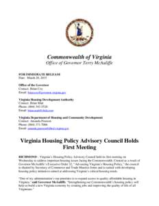 Commonwealth of Virginia Office of Governor Terry McAuliffe FOR IMMEDIATE RELEASE Date: March 20, 2015 Office of the Governor Contact: Brian Coy