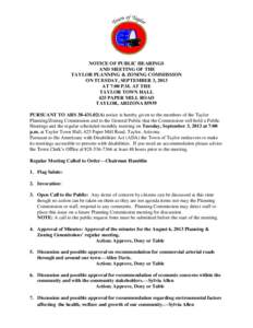 NOTICE OF PUBLIC HEARINGS AND MEETING OF THE TAYLOR PLANNING & ZONING COMMISSION ON TUESDAY, SEPTEMBER 3, 2013 AT 7:00 P.M. AT THE TAYLOR TOWN HALL