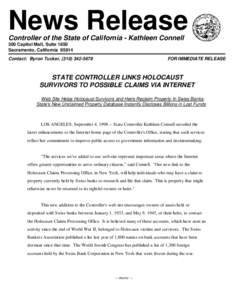 Press Release - STATE CONTROLLER LINKS HOLOCAUST SURVIVORS TO POSSIBLE CLAIMS VIA INTERNET