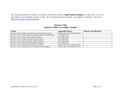The following Voluntary Product Accessibility information refers to Apple Remote Desktop 3 for Mac OS X. For more information on accessibility features in Mac OS X and Apple Remote Desktop, visit Apple’s accessibility 