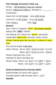 Fish Passage Evaluation Field Log Stream: Sfk Murderers Creek dry channel Road # Adjacent to 2480 rd Passage ID: Coordinates: Upper end: Lat 44° Lower end: Lat 44° 15.552