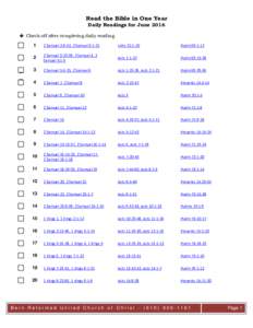 Read the Bible in One Year Daily Readings for June 2016  Check off after completing daily reading.  