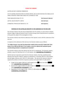 PUBLIC FILE VERSION AUSTRALIAN ANTI-DUMPING COMMISSION IN THE DUMPING INVESTIGATION OF CERTAIN CRYSTALLINE SILICON PHOTOVOLTAIC MODULES OR PANELS EXPORTED FROM CHINA UNDER THE CUSTOMS ACT 1901 TINDO MANUFACTURING PTY LTD