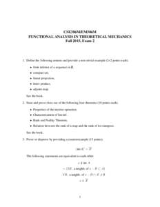 CSE386M/EM386M FUNCTIONAL ANALYSIS IN THEORETICAL MECHANICS Fall 2015, Exam 2 1. Define the following notions and provide a non-trivial example (2+2 points each). • limit inferior of a sequence in R,