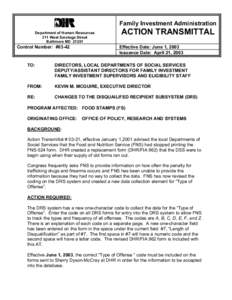 Family Investment Administration Department of Human Resources 311 West Saratoga Street Baltimore MD[removed]Control Number: #03-42