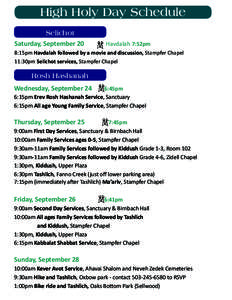 High Holy Day Schedule Selichot Saturday, September 20 Havdalah 7:52pm