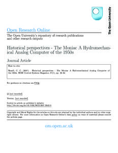 Open Research Online The Open University’s repository of research publications and other research outputs Historical perspectives - The Moniac A Hydromechanical Analog Computer of the 1950s Journal Article