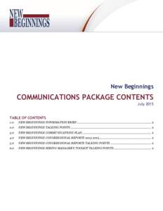 New Beginnings  COMMUNICATIONS PACKAGE CONTENTS JulyTABLE OF CONTENTS