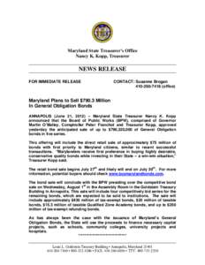 Maryland State Treasurer’s Office Nancy K. Kopp, Treasurer NEWS RELEASE FOR IMMEDIATE RELEASE