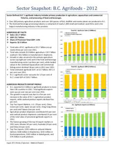 Sector Snapshot: B.C. Agrifoods[removed]Sector Defined: B.C.’s agrifoods industry includes primary production in agriculture, aquaculture and commercial fisheries, and processing of food and beverages.  Over 200 prim