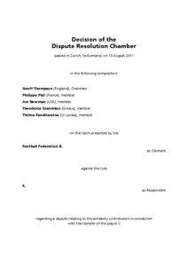 Decision of the Dispute Resolution Chamber passed in Zurich, Switzerland, on 10 August 2011