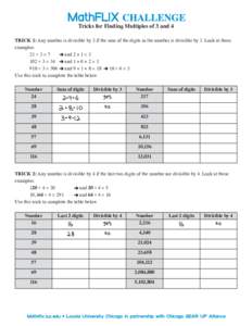 Tricks for Finding Multiples of 3 and 4 TRICK 1: Any number is divisible by 3 if the sum of the digits in the number is divisible by 3. Look at these examples: and 2 + 1 = 3 21 ÷ 3 = 7 and 1 + 0 + 2 = 3