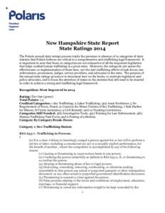 New Hampshire State Report State Ratings 2014 The Polaris annual state ratings process tracks the presence or absence of 10 categories of state statutes that Polaris believes are critical to a comprehensive anti-traffick