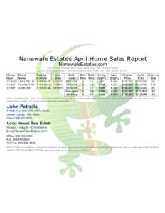 Nanawale Estates April Home Sales Report NanawaleEstates.com ©2014 John Petrella, REALTOR® ABR® GRI, SFR, Principal Broker Local Hawaii Real EstateKamehameha Ave, SuiteHilo, Hawaii 96720