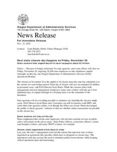 Oregon Department of Administrative Services 155 Cottage Street NE, U20 Salem, Oregon[removed]News Release For Immediate Release Nov. 22, 2010