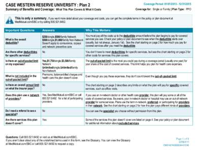 CASE WESTERN RESERVE UNIVERSITY : Plan 2  Summary of Benefits and Coverage: What This Plan Covers & What it Costs Coverage Period: Coverage for: Single or Family | Plan Type: PPO