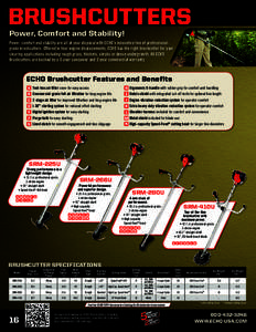 BRUSHCUTTERS Power, Comfort and Stability! Power, comfort and stability are all at your disposal with ECHO’s innovative line of professionalgrade brushcutters. Offered in four engine displacements, ECHO has the right b