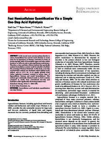 ARTICLE Fast Hemicellulose Quantification Via a Simple One-Step Acid Hydrolysis Xiadi Gao,1,2,3 Rajeev Kumar,1,2,3 Charles E. Wyman1,2,3 1