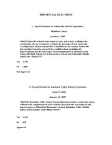 2009 SPECIAL ELECTIONS  (1) Special Election for Noblesville School Corporation, Hamilton County January 9, 2009 “Shall Noblesville Schools issue bonds or enter into a lease to finance the