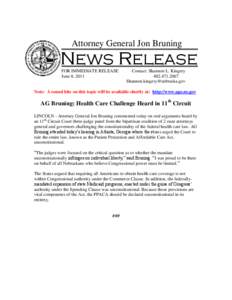 Attorney General Jon Bruning  News Release FOR IMMEDIATE RELEASE June 8, 2011