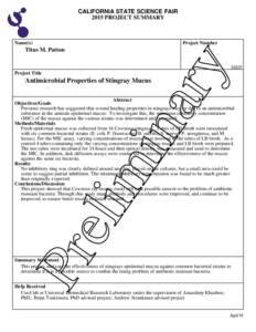 CALIFORNIA STATE SCIENCE FAIR 2015 PROJECT SUMMARY Name(s)  Project Number