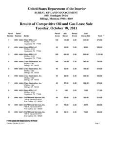 United States Department of the Interior BUREAU OF LAND MANAGEMENT 5001 Southgate Drive Billings, Montana[removed]Results of Competitive Oil and Gas Lease Sale