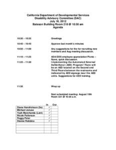 California Department of Developmental Services Disability Advisory Committee July 2012 Agenda