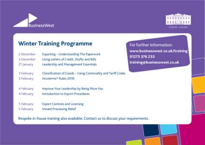 LEIGH COURT  Winter Training Programme 2 December 3 December 21 January